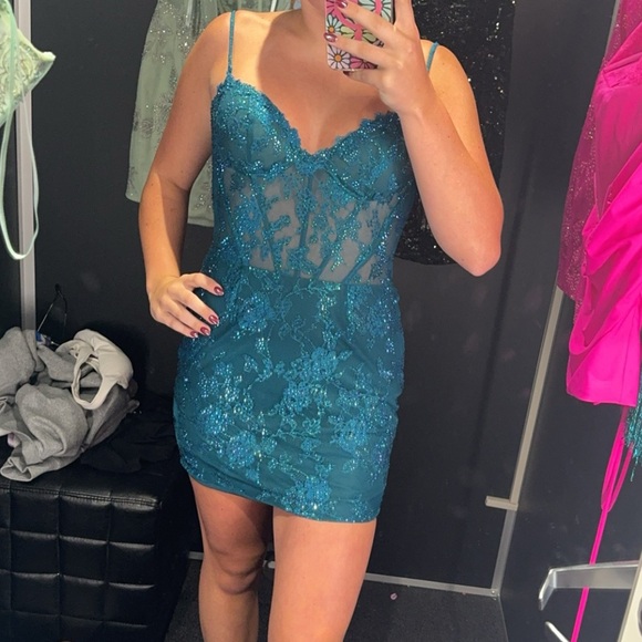 La Femme Dresses & Skirts - La Femme Turquoise Lace Mini Dress